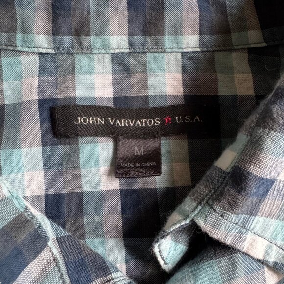 John Varvatos Checkered Plaid 100% Cotton Button-Down Size Medium Blue Black - Picture 2 of 6